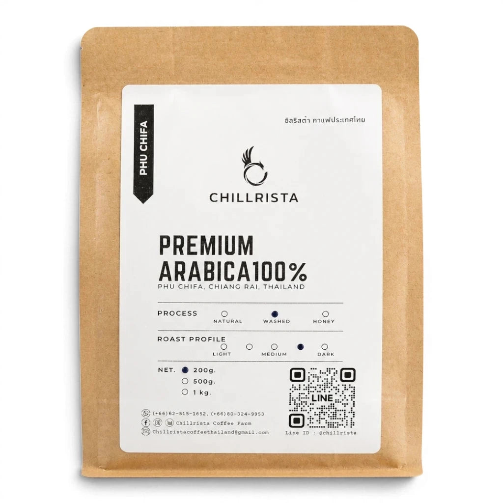 Lanna Bridge Chillrista Röstkaffee Phu Chifa Arabica-Bohnen in einer braunen Kraftpapier-Verpackung
