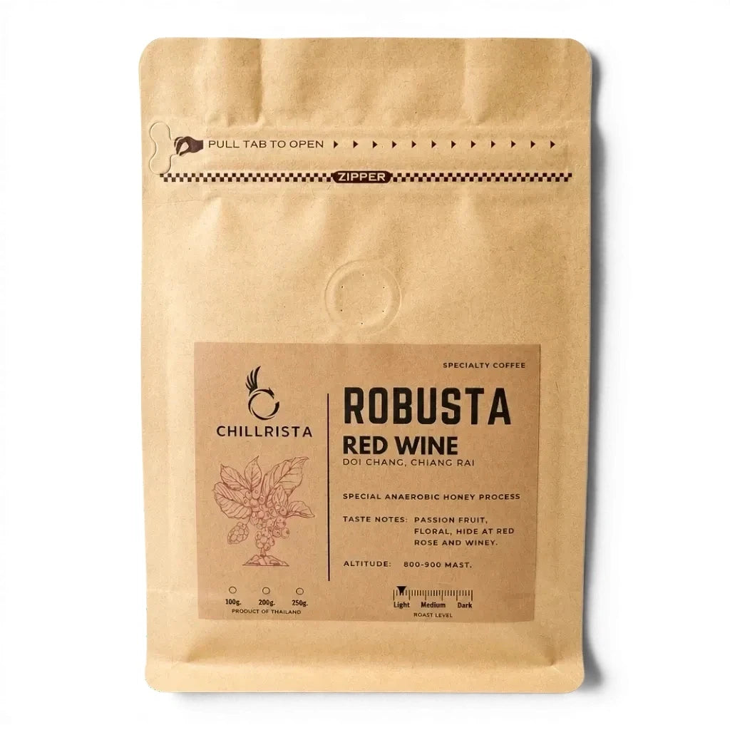 Lanna Bridge Chillrista Robusta Red Wine Kaffeeverpackung aus braunem Kraftpapier mit Etikett und Produktdetails