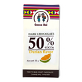 Cocoa Doi Zartbitterschokolade 50 % mit Durian-Geschmack aus Chiang Mai, Verpackung mit Durian-Illustration und bunter Bordüre