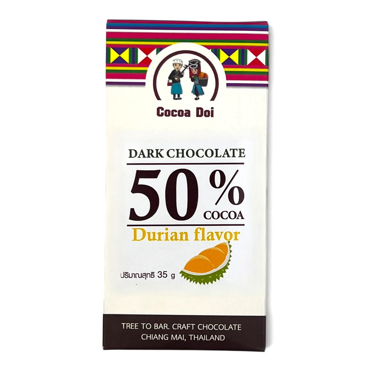 Cocoa Doi Zartbitterschokolade 50 % mit Durian-Geschmack aus Chiang Mai, Verpackung mit Durian-Illustration und bunter Bordüre