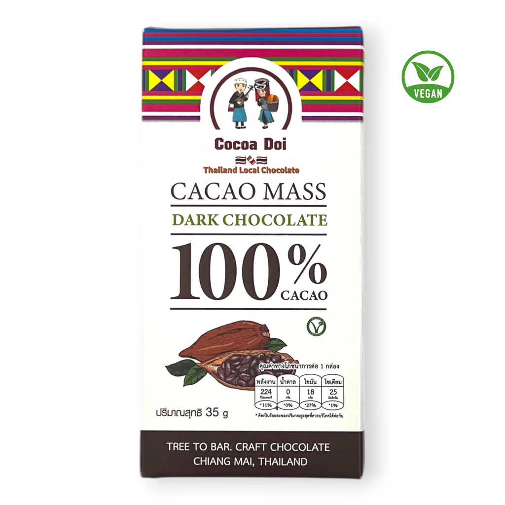 Cocoa Doi Kakaomasse 100 % Kakao ohne Zucker, vegan, Verpackung mit Kakaofrucht-Illustration