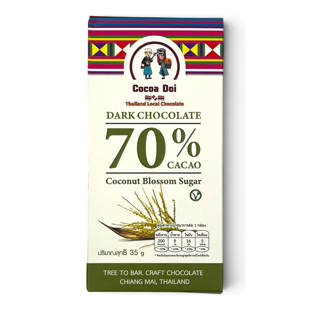 Cocoa Doi Zartbitterschokolade 70 % mit Kokosblütenzucker, vegan, Verpackung mit Kokosblüten-Illustration