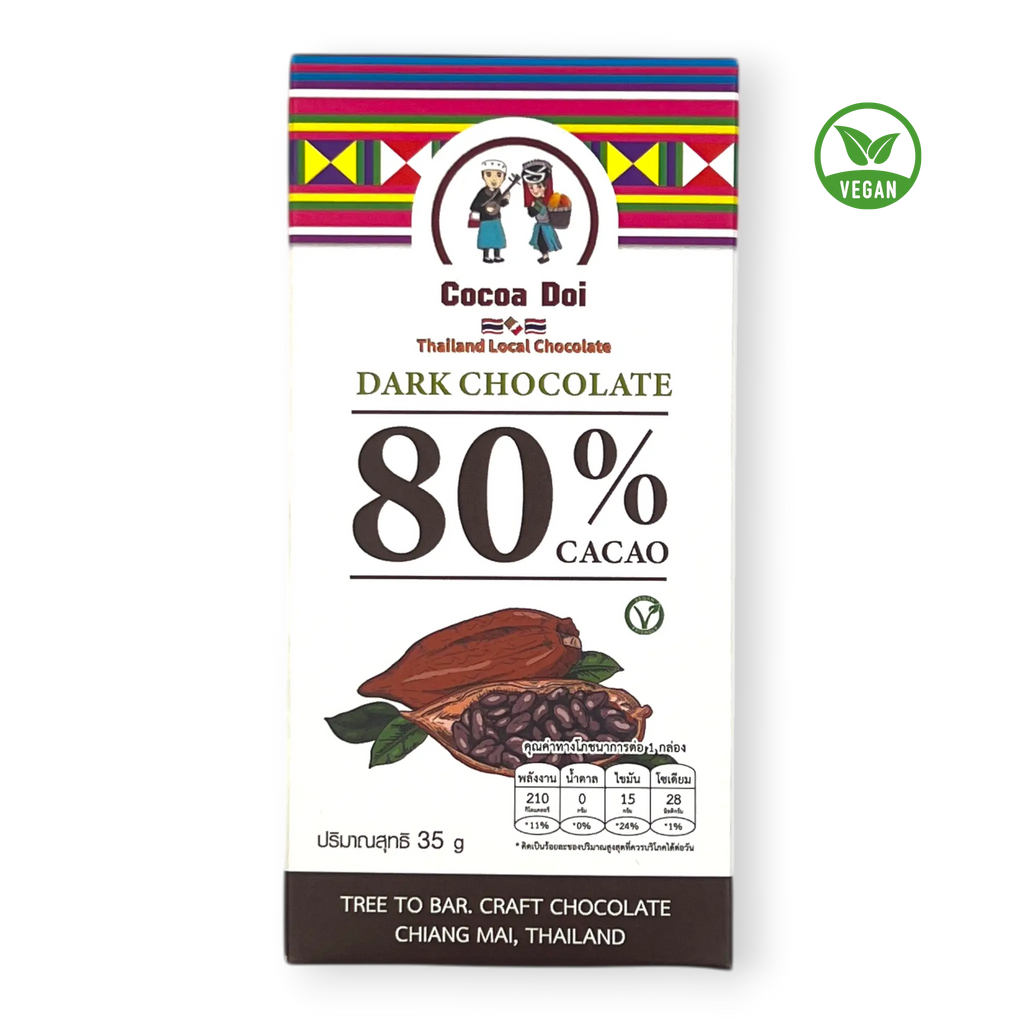 Cocoa Doi vegane Zartbitterschokolade 80 % Kakao, zuckerfrei mit Mönchsfrucht, Verpackung mit Kakaofrucht-Illustration