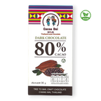 Cocoa Doi vegane Zartbitterschokolade 80 % Kakao, zuckerfrei mit Mönchsfrucht, Verpackung mit Kakaofrucht-Illustration