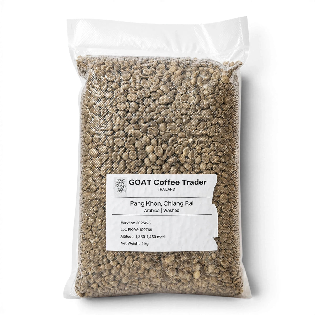 Lanna Bridge GOAT Rohkaffee Nr. 1 Arabica Bohnen aus Pang Khon Thailand in transparenter 1kg Vakuumverpackung