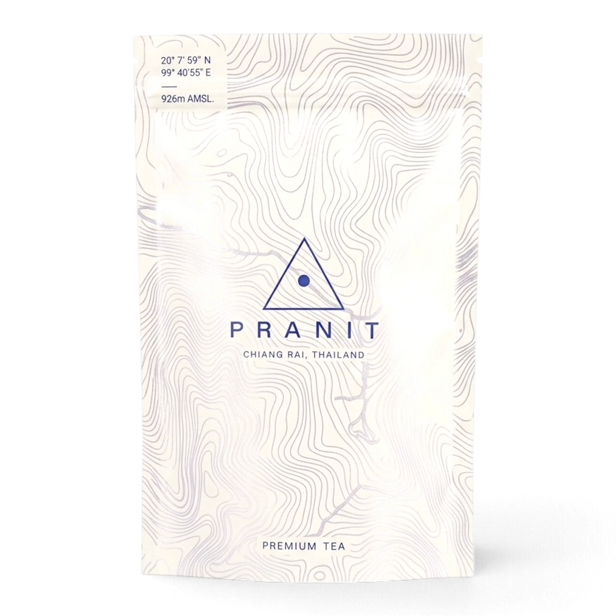 Pranit Oriental Beauty – Verpackung: heller Standbeutel mit topografischem Linienmuster, Pranit Premium Tea aus Chiang Rai, Thailand