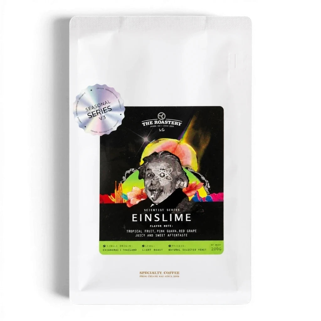 Lanna Bridge The Roj Röstkaffee Nr. 10 Einslime Kaffeeverpackung mit buntem Einstein-Etikett und Fruchtnoten