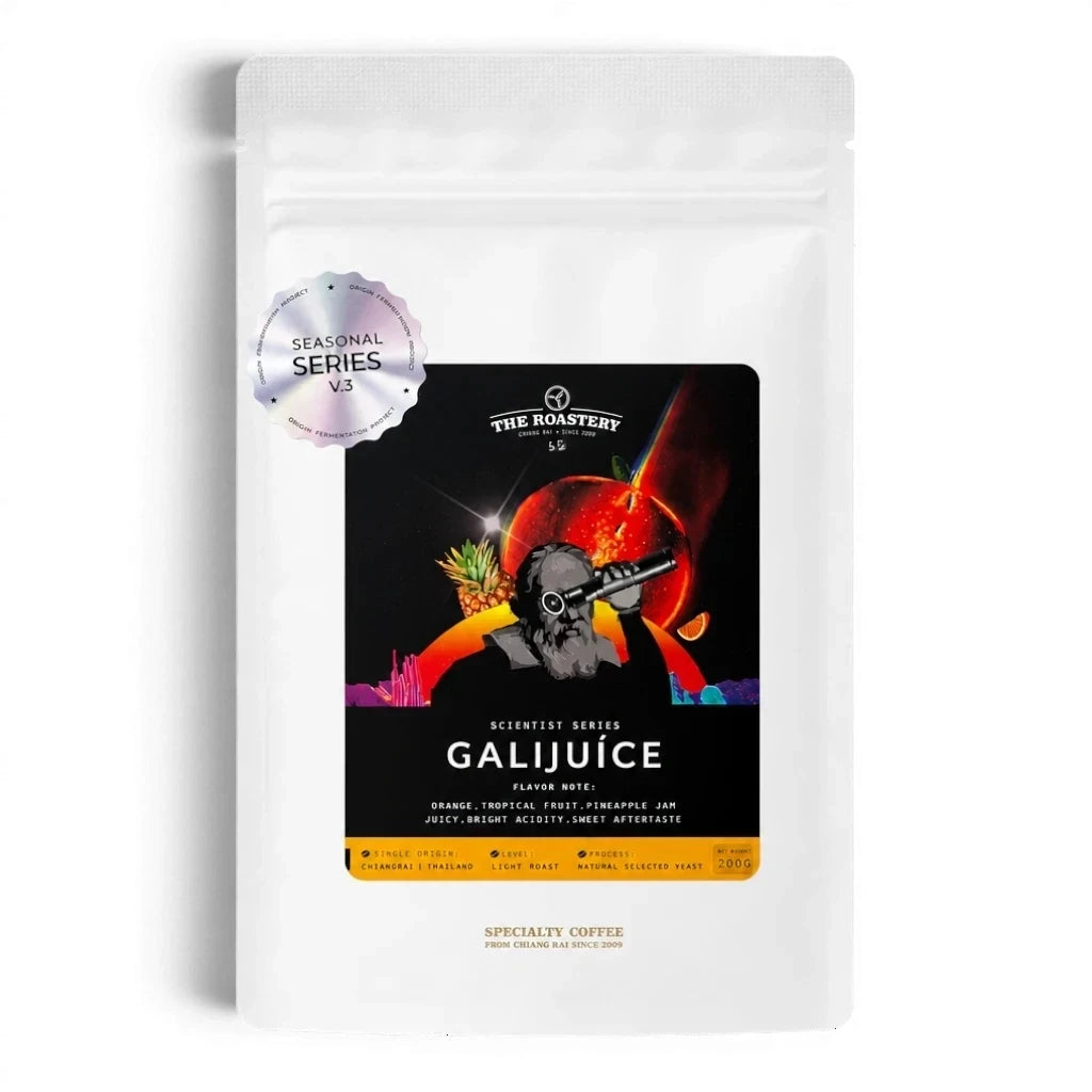 Lanna Bridge The Roj Röstkaffee Nr. 7 Galijuice Kaffeeverpackung mit buntem Etikett und Noten von Orange und Ananas