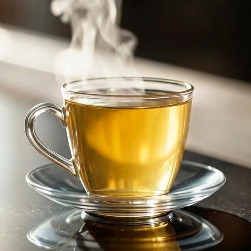 Oolong Nr. 17 Tee: hellgoldener Aufguss in einer Glastasse