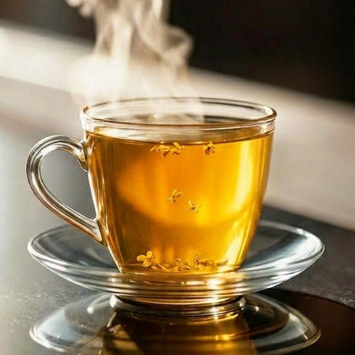 Osmanthus Tee: goldener Aufguss mit Osmanthusblüten in einer Glastasse